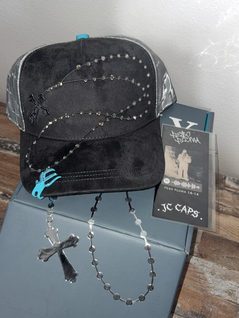 Black Suede Cross Cap with Silver Chain